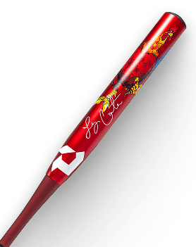 Red baseball bat with colorful dragon graphics, a white D logo, and a visible signature Jay Catto.